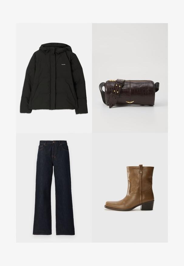 Giacca a vento nera con cappuccio, zip frontale, due grandi tasche frontali e un piccolo logo sul petto. Realizzata in un materiale liscio e isolante.; Maglietta a maniche lunghe di colore beige chiaro con scollatura rotonda. Realizzata in tessuto morbido, presenta una cucitura centrale e un orlo leggermente curvato. Senza hardware visibile.; Jeans a gamba larga di un blu scuro realizzati in denim, con cuciture arancioni, due tasche anteriori e una chiusura con bottone in vita.; Stivale alla caviglia in pelle marrone con punta quadrata, finitura testurizzata e tacco basso incassato. Dotato di un pratico tassello posteriore e dettagli di cucitura sottili.; Borsa in pelle stampata a coccodrillo marrone con forma cilindrica, accessori in tonalità oro e una tracolla staccabile con borchie.