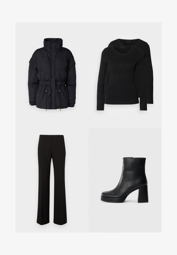 Juodas pūkinis švarkas su aukštu apykakle, elastinga raištelių juosta ir auksinėmis detalėmis. Pasižymi tekstūruotu, siūtu raštu.; Du į juodas ilgomis rankovėmis marškiniai su V formos iškirpte, pagaminti iš minkštos, tamprios medžiagos, rodantys lygią tekstūrą ir prigludusią formą.; Juodos pritaikytos tiesaus silueto kelnės su aukšta juosmens linija ir priekinėmis raukšlėmis, pateiktos prieš paprastą foną.; Juodas odinis kulkšninis botas su bloku ir platformos padu, matomas šoniniu vaizdu ant balto fono.