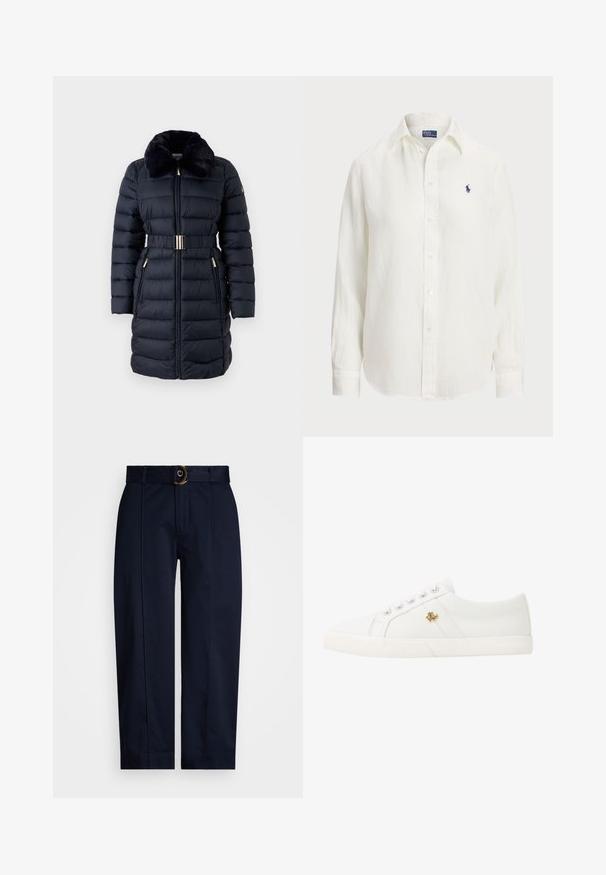 Padded navy kabát s límcem z umělé kožešiny, páskem v oblasti pasu a zlatými akcenty. Obsahuje kapsy na zip a vertikální prošívanou texturu.; Bílá lněná košile s dlouhými rukávy, s límcem na knoflíky a předními knoflíky. Disponuje malým modrým vyšívaným logem na hrudi.; Námořnické kalhoty s tkaným páskem a zlatou sponou, vybavené rovnými nohavicemi a přežehlenými záhyby na přední straně.; Lauren Ralph Lauren JANSON II CANVAS SNEAKER - Tenisky - optic white