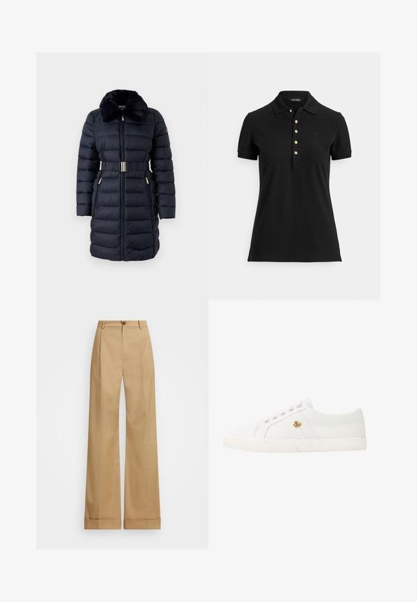 Gevoerde marineblauwe jas met een nepbont kraag, een ceintuur in de taille en gouden accenten. Voorzien van ritszakken en een verticale gestikte textuur.; Zwart poloshirt van gestructureerde stof, met een kraag, korte mouwen en een knopenlijst met gouden knopen. Subtiel logodetail op de borst.; Beige wijde broek met een knoopsluiting, voorzien van een soepele textuur en persplooien. Met afgeronde zoom voor extra detail.; Lauren Ralph Lauren JANSON II CANVAS SNEAKER - Sneakers laag - optic white