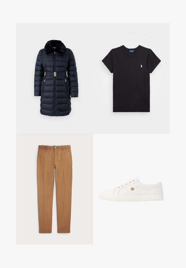 Padded námorníkový kabát s umelým kožúškom na golieri, opaskom v páse a zlatými akcentmi. Obsahuje zipsové vrecká a vertikálnu prešívanú textúru.; Čierne bavlnené tričko s okrúhlym výstrihom, krátkymi rukávmi a bielou vyšívanou značkou na ľavej hrudi. Hladká textura, ležérny dizajn.; Hnedé bavlnené nohavice so slim-fit strihom, plochým predným dielom a štandardnými vreckami; hladká textúra a obháčkované manžety.; Lauren Ralph Lauren JANSON II CANVAS SNEAKER - Tenisky - optic white