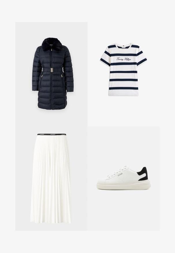 Padded navy coat z futrzanym kołnierzem, z paskiem w talii i złotymi akcentami. Posiada zamykane na zamek kieszenie oraz pionowy wzór pikowania.; Bawełniana koszulka z poziomymi granatowymi paskami na białym tle. "Tommy Hilfiger" wyszyte kursywą na klatce piersiowej. Okrągły dekolt.; Plisowana biała spódnica z czarnym elastycznym pasem z logo "LACOSTE". Średniej długości, o miękkiej teksturze.; Białe skórzane sneakersy z grubą białą podeszwą, czarnym zamszowym akcentem na pięcie oraz wytłoczonym logotypem z boku. Projekt z sznurówkami i sześcioma dziurkami.