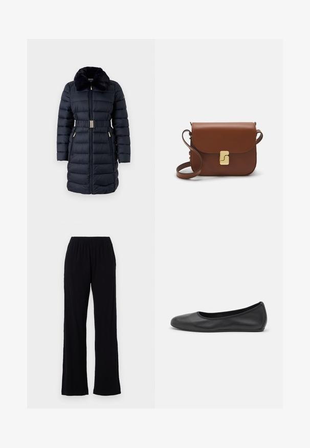 Gesteppten marineblauen Mantel mit einem Kunstpelzkragen, tailliertem Bund und goldenen Akzenten. Verfügt über Reißverschlusstaschen und eine vertikale Stepptextur.; Weißes kurzärmliges T-Shirt aus geripptem Stoff. Runder Halsausschnitt, normale Passform und dezente Nähte. Keine Muster oder Grafiken.; Schwarze, leichte, elastische Hose mit geradem Bein. Weicher Stoff ohne sichtbare Muster oder Akzente. Schlichter und vielseitiger Stil.; Schwarze Leder-Ballettschuhe mit abgerundeter Spitze, glatter Textur, minimalen Nähdetails und einem flexiblen Sohlen-Design.; Braune Ledertasche mit Klappenverschluss, Beschlägen in Goldfarbe, einem Schultergurt und einer glatten Oberfläche. Kompakte rechteckige Form.