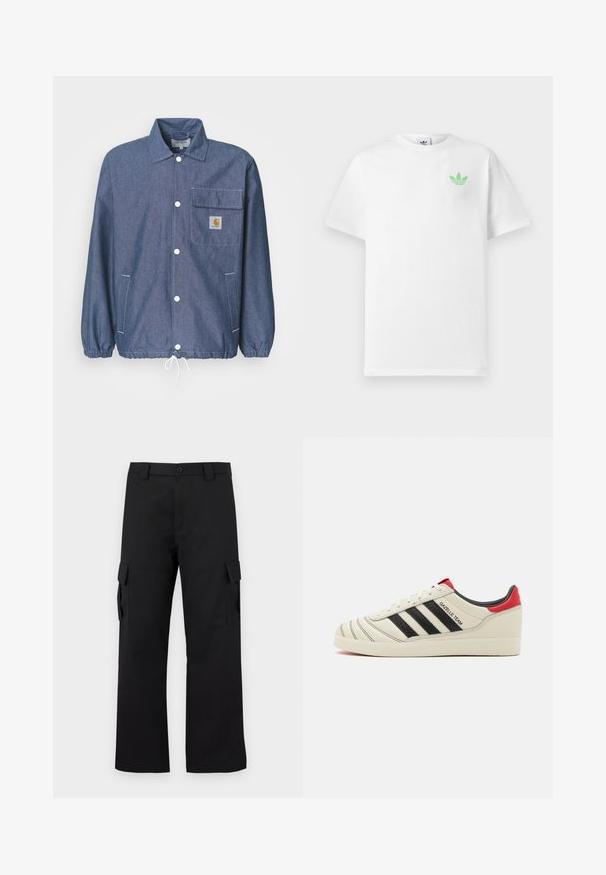 Tamsiai mėlynas džinsinis švarkas su užsegimu mygtukais, krūtine kišene, elastingomis rankovėmis, reguliuojamu apvadu ir Carhartt logotipo etikete kišenėje.; Balta medvilninė marškinėlių maikė su trumpomis rankovėmis, su mažu žaliu Adidas logotipu kairėje krūtinės pusėje. Paprastas, klasikinis dizainas su apvalia iškirpte.; Juodi cargo kelnės su tiesiu kojų dizainu. Pagamintos iš tvirto audinio, turi dvi šonines kišenes su užsegamais dangteliais ir mygtukų užtrauktuką.; Kremo spalvos odiniai sportbačiai su juodomis juostelėmis, raudonais kulno akcentais ir tekstūruotais detalėmis. Yra gumatė padas ir raištelių uždarymas.
