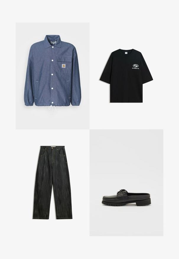 Denim jacket in dark blue with a button-down front, chest pocket, elastic cuffs, drawstring hem, and Carhartt logo patch on the pocket.; Black oversized cotton t-shirt featuring a round neckline and short sleeves, with a white "Shibuya" logo printed on the front.; Dark denim jeans with a loose fit, featuring subtle vertical texture, yellow stitching, five pockets, and a classic button closure.; Black leather slip-on shoe with lace detail, rounded toe, and textured sole. Features a slightly elevated heel and smooth finish.