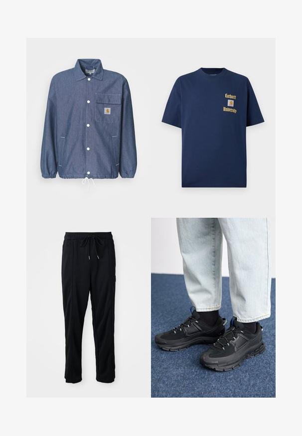 Mørkeblå denimjakke med knappestolpe foran, brystlomme, elastiske ermer, snor i kanten og Carhartt-logo på lommen.; Mørk blå bomull t-skjorte med korte ermer, med gulltekst "Carhartt University" og et logo-patch på venstre bryst.; Svarte casual bukser med strikk i livet, sidelommer og rett bein på en ensfarget bakgrunn.; Svarte sportssko med teksturert stoff og gummisåler, med elastiske lisser og en blå detalj på hælen. Brukt med lyse denimbukser.