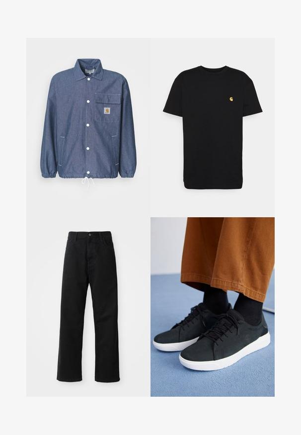 Denim jacket in dark blue with a button-down front, chest pocket, elastic cuffs, drawstring hem, and Carhartt logo patch on the pocket.; Black cotton t-shirt with short sleeves, crew neck, and a small yellow logo on the left chest area. Simple design and regular fit.; Black denim pants with a straight cut, featuring front pockets, a zip fly, and a single top button. Textured fabric with a matte finish.; Black suede sneakers with white rubber soles, featuring lace-up design, textured accents, and subtle branding, paired with brown pants.
