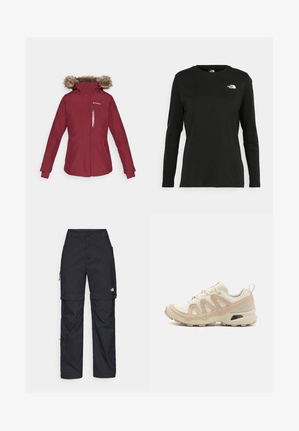 Casaco impermeável em bordô com capuz forrado a imitação de pele, bolso no peito com zíper e punhos elásticos. Apresenta um design ajustado com bolsos laterais.; T-shirt preto de mangas longas, feito de algodão, com decote redondo. Apresenta um pequeno logótipo branco na área esquerda do peito. Design simples e ajuste confortável.; Calças cargo pretas em nylon com fechos de correr removíveis, punhos ajustáveis, múltiplos bolsos e um logótipo na perna direita. Textura suave e leve.; Sapatilha atlética beige e creme com parte superior em malha texturizada, sobreposições de suporte e sola de borracha com um padrão de cravo para tração.