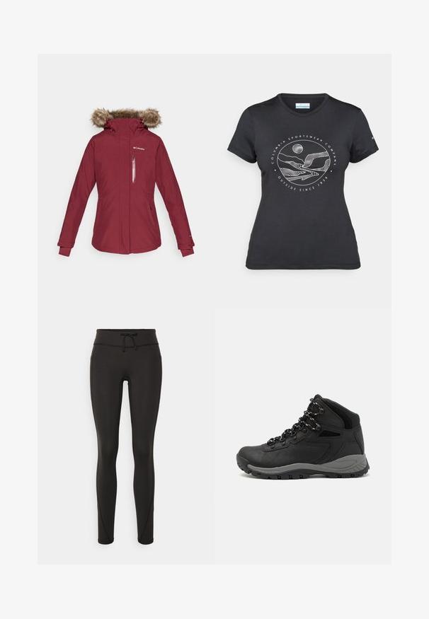 Burgunderfarbene wasserdichte Jacke mit einer Kapuze aus Kunstfell, einem Reißverschluss-Brusttasche und elastischen Bündchen. Hat ein tailliertes Design mit seitlichen Taschen.; Schwarzes Columbia-T-Shirt mit weißer kreisförmiger Berg- und Fluss-Linienkunst und dem Text "Columbia Sportswear Company - Draußen seit 1938."; Schwarze Leggings mit hohem Bund, Kordelzug, glatter Textur und tailliertem Design. Verfügt über Nähte entlang der Seiten.; Schwarzer Wanderstiefel mit einem mittelhohen Design, ausgestattet mit einer strukturierten Oberfläche, grauen Akzenten und einer robusten Gummisohle mit Profilstollen.