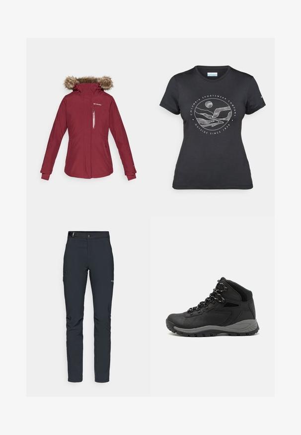 Burgundska vodoodporna jakna s kapuco obloženo s umetnim krznom, z zadrgo na prsih in elastičnimi manšetami. Ima prilegajoč dizajn s stranskimi žepi.; Črna majica Columbia z belim krožnim risanjem gora in reke ter napisom "Columbia Sportswear Company Outside Since 1938."; Moške zunanje hlače, temno siva, izdelane iz fleksibilnega materiala, z pasom, žepom na zadrgo in ojačanim šivanjem.; Črne pohodniške čevlje z srednje visokim dizajnom, ki imajo teksturirano zgornji del, sivi dodatki in vzdržljiv gumen podplat s protizdrsnimi izboklinami.