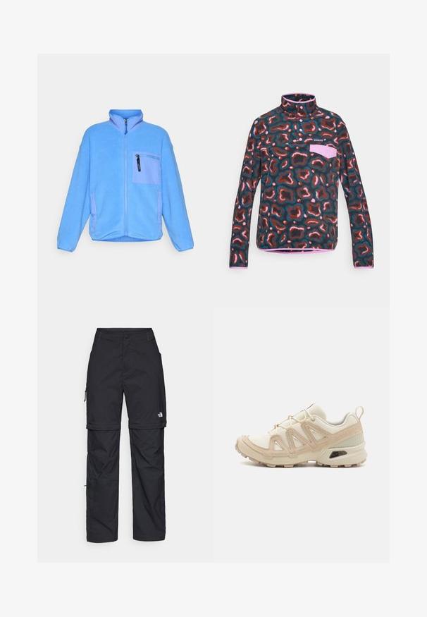 Ανοιχτό μπλε φλις μπουφάν με ψηλό γιακά, μπροστινό φερμουάρ και τσέπη στο στήθος σε ελαφρώς πιο σκούρο μπλε, με αντίθετες λεπτομέρειες.; Πουλόβερ από φλις με ψηλό γιακά, με πολύχρωμο αφηρημένο σχέδιο σε αποχρώσεις καφέ, τιρκουάζ και ροζ. Περιλαμβάνει τσέπη στο στήθος.; Μαύρα νάιλον παντελόνια cargo με φερμουάρ που αφαιρούνται, ρυθμιζόμενους καρπούς, πολλαπλές τσέπες και λογότυπο στο δεξί πόδι. Απαλή, ελαφριά υφή.; Μπεζ και κρεμ αθλητικό παπούτσι με υφασμάτινη άνω επιφάνεια με υφή, υποστηρικτικά overlay και καουτσούκ σόλα με σχέδιο πέλματος για πρόσφυση.