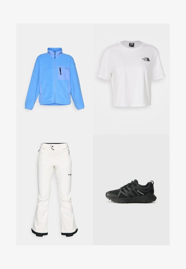 Hele sinine fliisjakke, millel on kõrge kaelus, esi tõmblukk ja rinna tasku veidi tumedamas sinises värvitoonis, millel on kontrastsed aktsendid.; Valge lühikeste varrukatega puuvillane lühikesed t-särk, ümmarguse kaelusega. Vasakul rinnal on must logo.; Valged suusapüksid, mis on valmistatud pehmest ja paindlikust materjalist. Omavad vormitud talje, laiu flöödid ja musta äärist varrukatel. Brändi logo on nähtav.; Columbia PEAKFREAK - Matkajalatsid - black