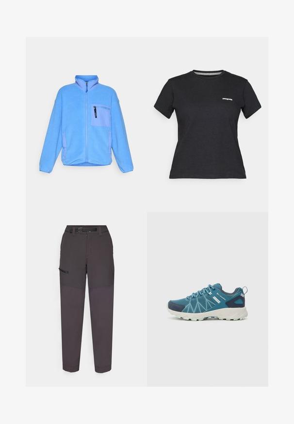 Hele sinine fliisjakke, millel on kõrge kaelus, esi tõmblukk ja rinna tasku veidi tumedamas sinises värvitoonis, millel on kontrastsed aktsendid.; Must musta T-särk ümmarguse kaelusega ja lühikeste varrukatega. Vasakul rinnal on valge "Patagonia" logo.; Tumed hallid cargo püksid, mis on valmistatud kerge kangaga, omavad vastupidavat vööd, esitõmblikku ning küljetaskut Velcro klapiga.; Columbia PEAKFREAK™ II OUTDRY™ - Matkajalatsid - blue heron/skylight
