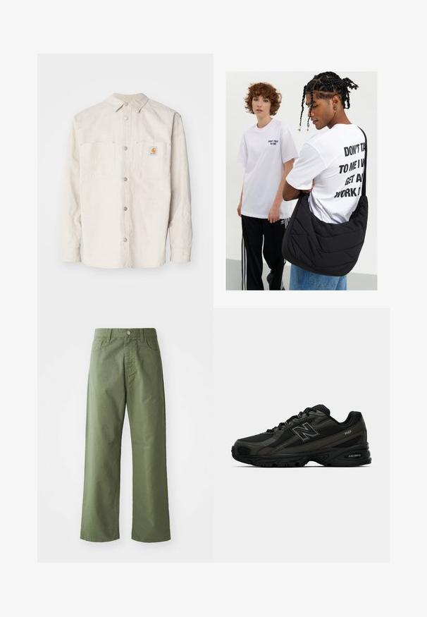 Carhartt WIP WALTER SHIRT SULLIVAN - Lehká bunda - natural; Námořnický svetr s bílým pruhovaným ribkovaným límcem a manžetami, na přední straně s béžovou kapsou a vyšitým detailem stromu.; Olivově zelené široké kalhoty z bavlny. Mají poutka na opasek, přední zapínání na knoflík a boční kapsy. Hladká textura.; Černé sportovní boty se strukturovaným syntetickým svrškem, které mají polstrovanou podrážku a výrazné logo "N" na boku. Design zahrnuje lehké síťované sekce.; Černá prošívaná taška na rameno s měkkou texturou, kterou má na sobě osoba v bílém grafickém tričku s výrazným textem. Neformální oblečení s džíny.