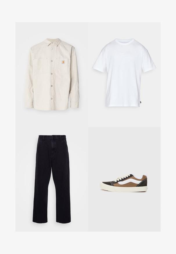 Carhartt WIP WALTER SHIRT SULLIVAN - Suvejakk - natural; Valge puuvillane t-särk lühikeste varrukatega ja ümmarguse kaelusega. Sellega on kaasas väike, tagasihoidlik Nike logo rinnal ja külgmine silt.; Mustad denimitüüpi püksid otse lõikega, varustatud nööbi ja tõmbluku kinnitusega, vöörihmadega ning minimaalsete õmbluse detailidega.; Mustmust mustad mustade ja pruunide tossude sissevienud valged aktsendid, kanvasmaterjal, madal disain, ümmargune nina ja beež kummitald. Omab kontrastset õmblust.