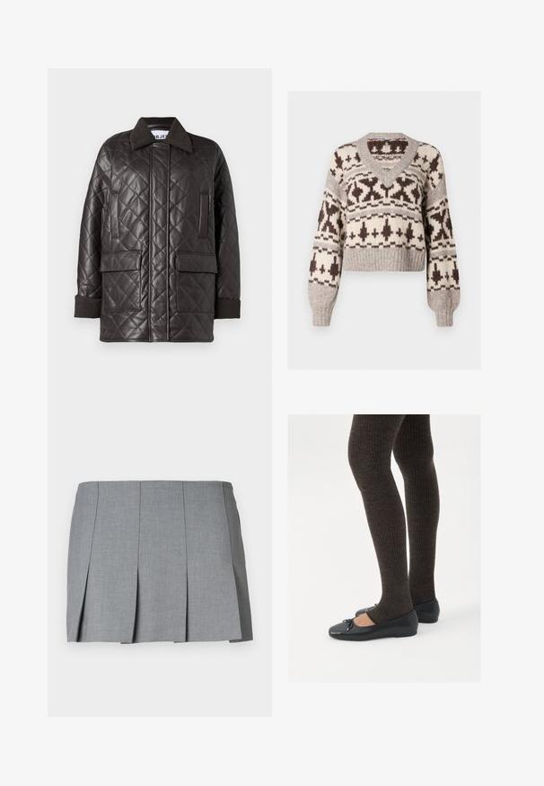 Quilted brown faux leather jacket with a collared neck, two front pockets, and knitted cuffs. Features a relaxed, boxy fit.; V-neck, cropped sweater in beige and brown, featuring a geometric pattern and ribbed cuffs and hem. Made from a soft, textured fabric.; Gray pleated skirt featuring a smooth texture, structured design, and a fitted waist. Made from a lightweight fabric with subtle pattern.; Black flat shoes with a small bow detail at the toe, paired with dark brown ribbed tights. Shoes have a smooth texture and low profile.
