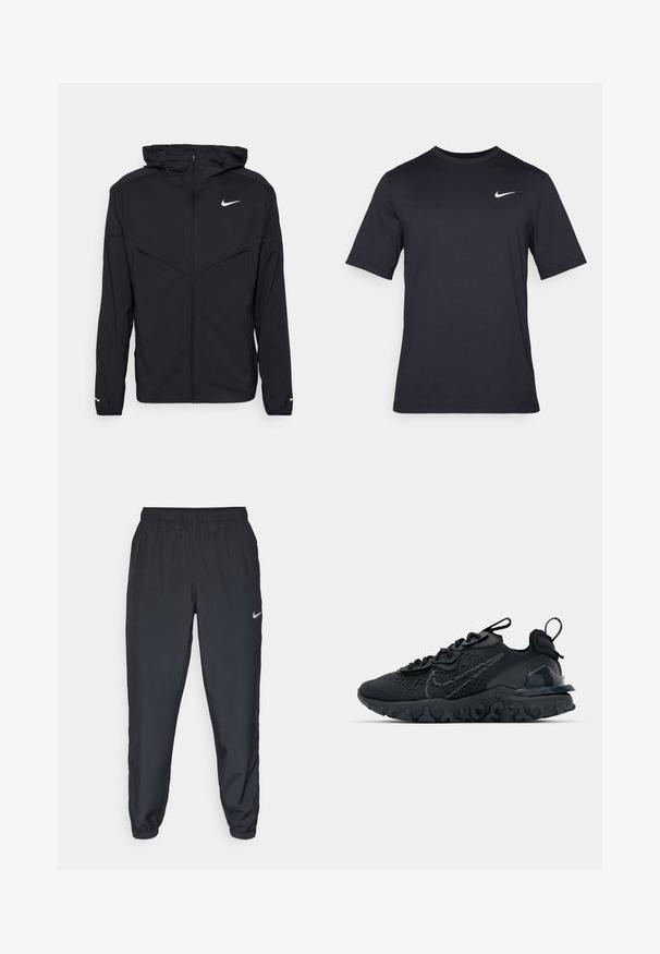 Black Nike hooded jacket with a front zipper, two angled chest pockets, elasticized cuffs, and a white logo on the left chest.; Black short-sleeve Nike t-shirt made of smooth fabric, featuring a white swoosh logo on the upper left side, crew neckline.; Black track pants made from lightweight fabric with an elastic waistband, ankle cuffs, and a discreet Nike logo on the left side.; Black athletic shoe with a breathable mesh upper, textured accents, and a wavy rubber sole. Features reflective logo and lacing system.