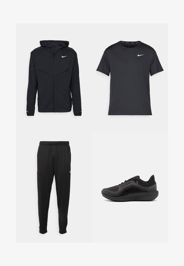 Czarna polarowa kurtka Nike z kapturem, z przednim zamkiem błyskawicznym, dwiema skośnymi kieszeniami na klatce piersiowej, elastycznymi mankietami i białym logo na lewym boku klatki piersiowej.; Czarna koszulka do biegania Nike z lekkiego, oddychającego materiału, z krótkimi rękawami i małym białym logo na piersi.; Czarne sportowe spodnie wykonane z gładkiego materiału, z elastycznym pasem, zwężanymi nogawkami i małym białym logo po lewej stronie.; Czarny but sportowy z teksturowanym, pikowanym cholewką, smukłym designem i czarną gumową podeszwą. Posiada widoczne logo oraz branding Gore-Tex.