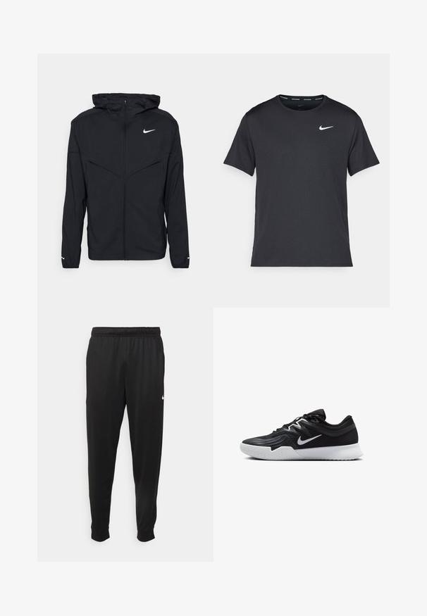 Black Nike hooded jacket with a front zipper, two angled chest pockets, elasticized cuffs, and a white logo on the left chest.; Black Nike running T-shirt made of lightweight, breathable material, featuring short sleeves and a small white logo on the chest.; Black athletic pants made of smooth fabric, featuring an elastic waistband, tapered legs, and a small white logo on the left side.; Black athletic shoe with a textured upper, white Nike swoosh, and a white rubber outsole. Features a lace-up design and dynamic shape.