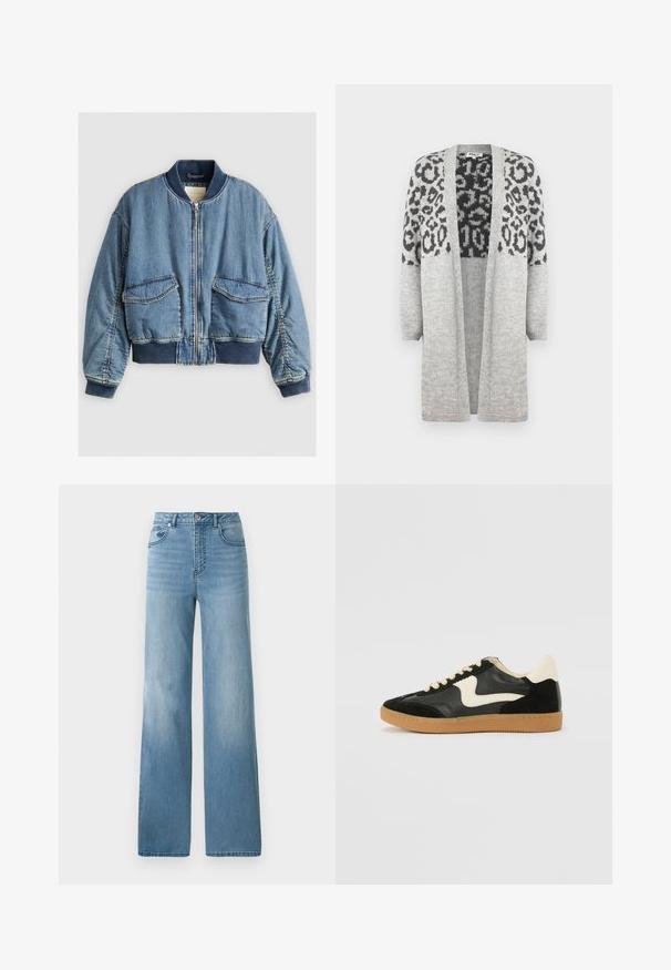 Denim bomberjack met een geribde kraag en manchetten, een rits aan de voorkant en twee grote opgestikte zakken. Zachte, licht gestructureerde blauwe stof.; Grijze gebreide cardigan met lange mouwen en een open voorkant. Heeft een zwart luipaardprintontwerp op het bovenste gedeelte. Zachte textuur.; Witte korteblouse t-shirt van katoen met een bootnek en een gladde textuur. Eenvoudig en onopvallend ontwerp.; Lichtblauwe high-waisted jeans met een rechte pasvorm. Gemaakt van denim, met vijf zakken en een knoopsluiting.; Zwarte suède en leren sneaker met een crèmekleurige zij-swoosh en lichte crèmekleurige hiel. Voorzien van beige veters en een gumrubberen zool.