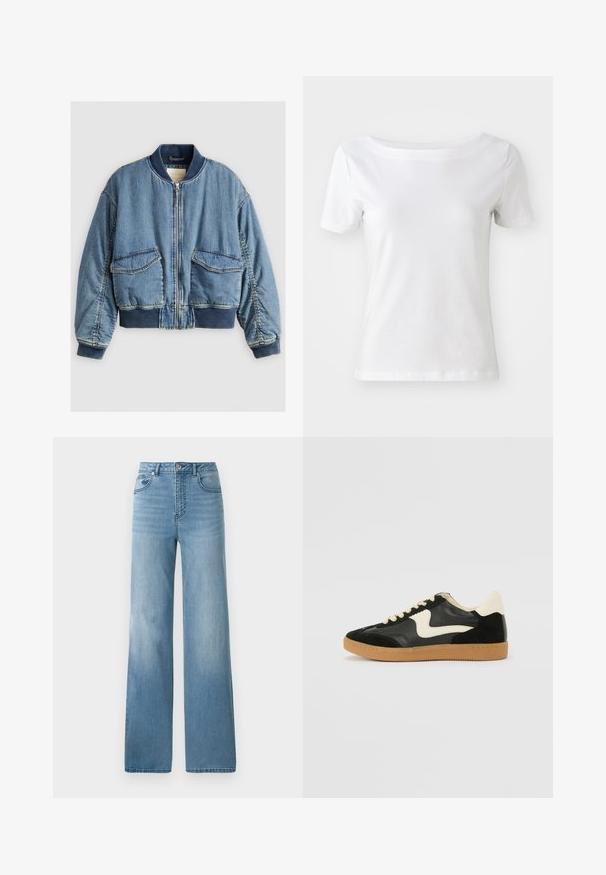 Denim bomberska jakna z ribanim ovratnikom in manšetami, sprednjim zapiranjem na zadrgo in dvema velikima žepoma. Mehka, rahlo teksturirana modra tkanina.; Bela majica s kratkimi rokavi iz bombaža z odprtim izrezom in gladko teksturo. Preprost in neokrašen dizajn.; Svjetloplave traperice visokog struka sa ravnim krojem. Izrađene od denima, s pet džepova i zatvaranjem na dugme.; Črne semiš in usnjene superge s kremasto stransko puščico in svetlo kremasto peto. Imajo bež čipke in gumijast podplat.