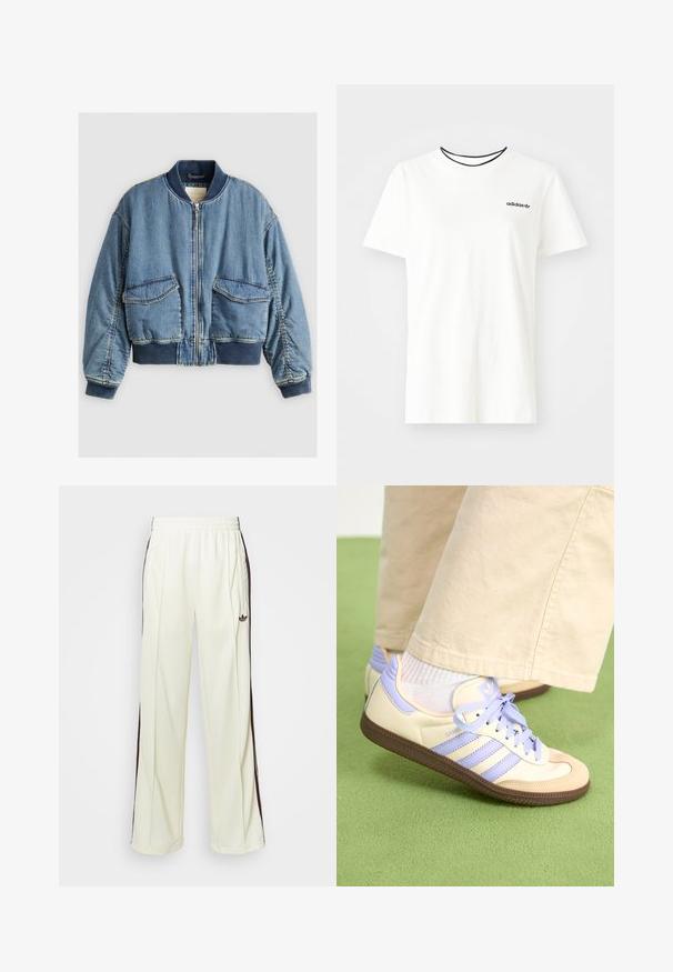 Denim bomberska jakna s rebrastim ovratnikom i manžetama, prednjim patentnim zatvaračem i dva velika džepa s krpom. Mekana, blago teksturirana plava tkanina.; Bijela pamučna majica kratkih rukava s okruglim izrezom. Ima crni Adidas logo na prsima i kontrastnu crnu unutrašnju ovratniku.; Kremaste trenerke s opuštenim krojem, s tamno smešnim bočnim prugama i izvezenim logom na levom bedru.; Kremasto-ljubičaste tenisice s tri pruge i strukturiranim smeškim potplatom, s vezicama i podstavljenim petom. Mekana gornja tkanina.