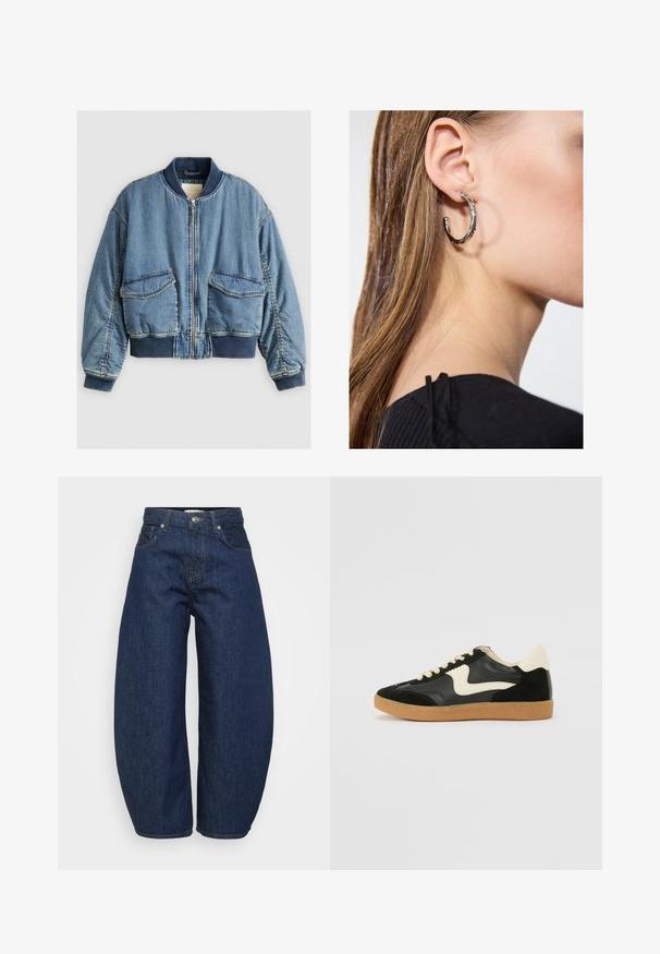 Denim bomberska jakna z ribanim ovratnikom in manšetami, sprednjim zapiranjem na zadrgo in dvema velikima žepoma. Mehka, rahlo teksturirana modra tkanina.; Even&Odd Petite 2 PACK - Top - light grey/black; Temne modri kavbojki z višjim pasom, širokimi hlačnicami, sprednjim gumbom in zadrgo ter klasičnim petim žepom.; Črne semiš in usnjene superge s kremasto stransko puščico in svetlo kremasto peto. Imajo bež čipke in gumijast podplat.; Srebrna obročasta uhana s polirano površino, ki vključuje majhne zlate poudarke in okroglo obliko, nošena na ušesnem lobu.