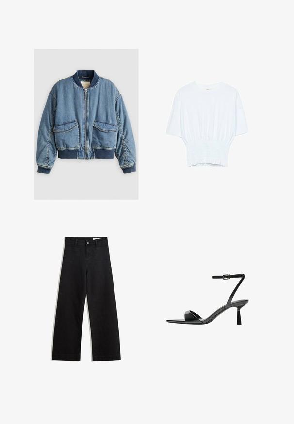 Denim-Bomberjacke mit geripptem Kragen und Bündchen, frontaler Reißverschluss und zwei großen aufgesetzten Taschen. Weicher, leicht strukturierter blauer Stoff.; Weißes T-Shirt mit kurzen Ärmeln, lockerer Passform und gerafftem Stoff an der Taille. Aus weichem, leichtem Material gefertigt.; Schwarze weit geschnittene Jeans mit hoher Taille, ausgestattet mit Vorder- und Hintertaschen, gesteppten Nähten und einem Knopfverschluss. Glatte Textur.; Bershka High Heel Sandalette - black