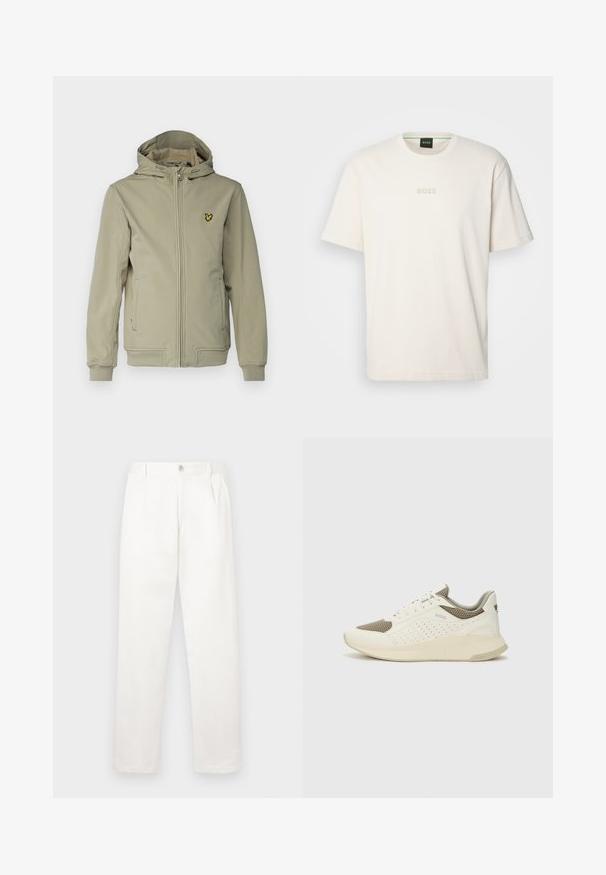Lyle & Scott Light jacket - sage uniform; BOSS TEE - Basic T-shirt - open white; White trousers made from smooth fabric, featuring a straight leg design, front pleats, and a single button closure at the waist.; White and light beige athletic sneaker, featuring a mesh upper, perforated detailing, and a textured midsole with branding on the heel.