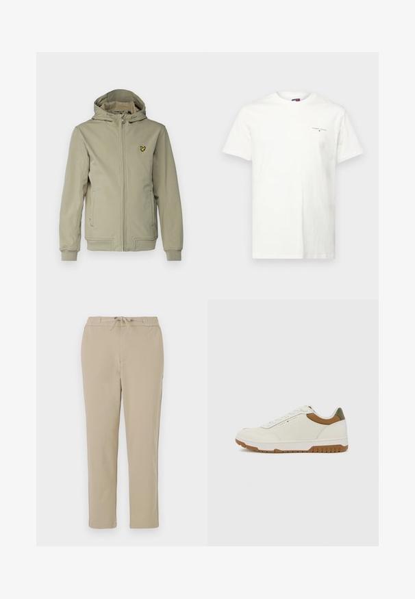 Lyle & Scott Välikausitakki - sage uniform; Valkoinen puuvillapaita, jossa on lyhyet hihat, V-pääntie ja pieni kirjailtu logo vasemmalla rinnalla. Tasainen pinta ja normaali istuvuus.; Beige lounge pants dengan sabuk elastis dan tali serut, menampilkan desain kaki lurus dan tekstur yang lembut serta halus.; Tommy Hilfiger BASKET CORE - Matalavartiset tennarit - ecru/army green