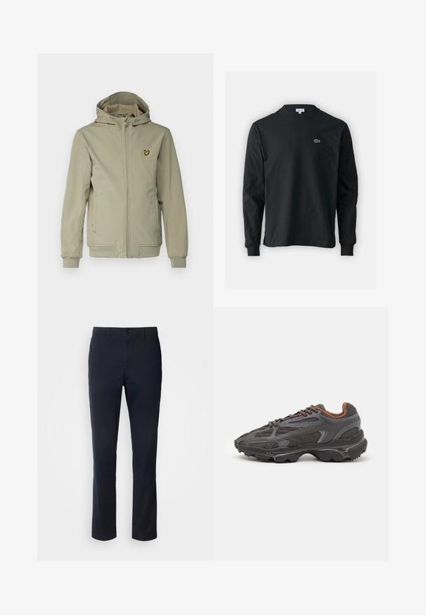 Lyle & Scott Veste mi-saison - sage uniform; T-shirt noir à manches longues en coton, avec un col rond et un petit logo de crocodile brodé vert sur la poitrine gauche.; Pantalon bleu marine en tissu lisse, featuring une coupe droite, des passants de ceinture et une fermeture à bouton avec un zip.; Baskets Lacoste en gris foncé, en matériau mesh et synthétique, avec une semelle texturée et des accents marron sur le col et le branding.