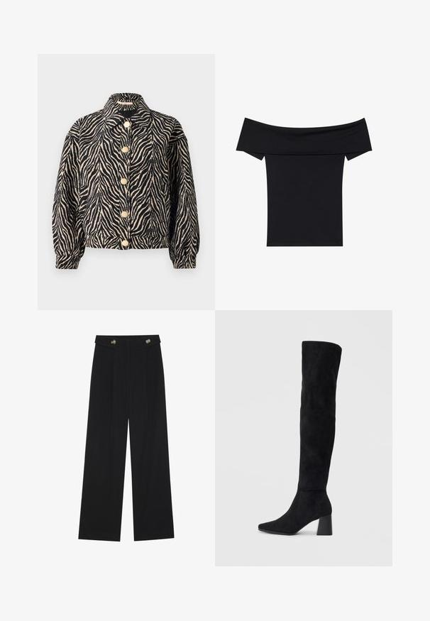 Rue de Femme MAELYNN - Bomber dzseki - black; Fekete, vállnál szabott felső, puha, rugalmas anyagból készült. Rövid ujjakkal és fitted sziluettel rendelkezik. Egyszerű, varrás nélküli kialakítás.; Fekete, bő szárú nadrág magas derékkal, gombos részletekkel a derékrészen és elülső pliszékkal.; Fekete nubuk térd fölé érő csizma, tömbsarokkal, hegyes orral és sima, varrat nélküli dizájnnal, világos háttérrel.