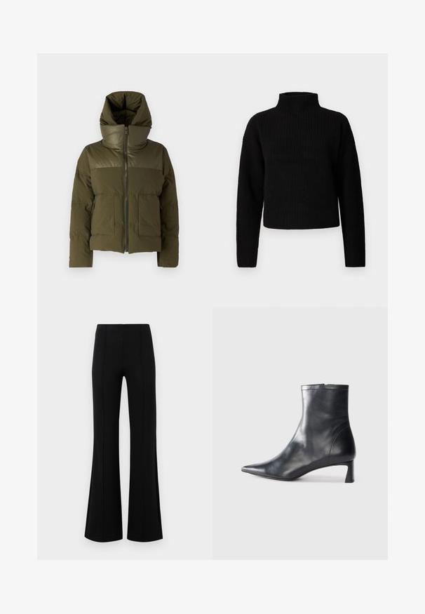 Olive green puffer jacket with a high collar, zip closure, and two front pockets. Features a smooth texture and a fitted silhouette.; Black ribbed turtleneck sweater with long sleeves and a cropped design. Texture appears thick and knitted, with no visible patterns or embellishments.; Black flared pants with a high waist, made of stretchy fabric. Features vertical seam details on the front and a smooth texture.; Black leather ankle boot with a pointed toe and a sleek design. Features a low heel and a zipper closure at the back. Smooth texture.
