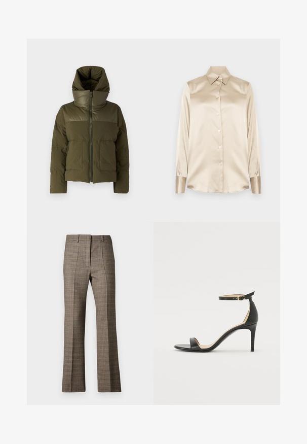 Oliven grøn pufferjakke med høj krave, lynlåslukning og to forlommer. Har en glat tekstur og en tætsiddende silhuet.; Beige satin skjorte med spids krave, lange ærmer, knaplukning og manchetter i en lidt glattere finish. Ingen mønstre eller detaljer.; Bruneternet bukser med lige ben, der har et tekstureret stof og subtile farver af beige og mørkere brune nuancer i mønsteret.; Sort læder højhælede sandaler med ankelrem. Har en glat tekstur, åben tå og en tynd hæl. Guldtonet spænde detalje.