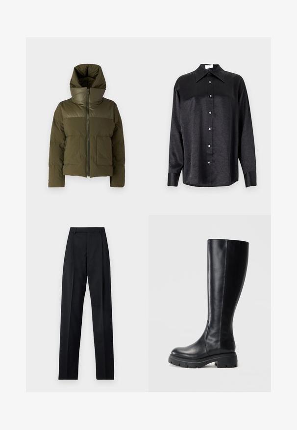 Olīvu zaļš pūšamais mētelis ar augstu apkakli, ar rāvējslēdzēju un divām priekšējām kabatām. Iezīmē gludu tekstūru un pieguļošu siluetu.; Melnas garām piedurknēm krekls ar apdari, kas piedāvā samocītu tekstūru, pilnu pogu priekšpusi un aproces. Izgatavots no gludas auduma.; Melnas bikses, izgatavotas no gludas auduma, ar augstu vidukli, platiem bikšu galdniekiem, priekšējiem krokām un klasiskām jostu cilpām. Sānu kabatas nav redzamas.; Melnas ceļgalu augstas zābaki, kas izgatavoti no gludas ādas, ar noapaļotu purngalu un masīvu gumijas zoli ar zobratu rakstiem, kas nodrošina saķeri.