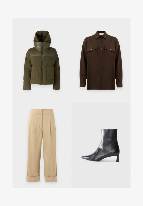 Olívazöld pufferszövet kabát magas gallérral, cipzáras záródással és két elülső zsebbel. Simább textúrával és karcsúbb fazonnal rendelkezik.; Sötétbarna, hosszú ujjú, gombos ing, két zsebével a mellén és klasszikus gallérral, egyszerű fehér háttér előtt bemutatva.; Beige, bőszárú nadrág, két elülső redővel, felgöngyölt szárakkal és sima textúrával. Könnyű anyagból készült, amely kényelmes viseletet biztosít.; Fekete bőr bokacsizma hegyes orral és letisztult dizájnnal. Alacsony sarka és hátsó cipzáras záródása van. Simának tűnő textúra.