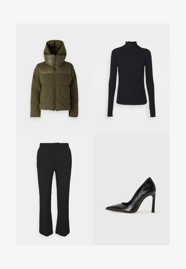 Olive green puffer jacket with a high collar, zip closure, and two front pockets. Features a smooth texture and a fitted silhouette.; Black long-sleeve turtleneck top made of smooth fabric, featuring a ruffled neck and fitted silhouette with simple edges.; Black tailored pants with a straight-leg design, featuring belt loops and side pockets. Made from smooth fabric with a clean finish.; Black pointed-toe high heel shoe with a crocodile-skin texture, featuring a sleek design, high stiletto heel, and smooth black interior.