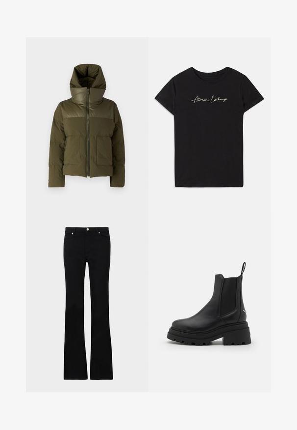 Oliwkowa kurtka puchowa z wysokim kołnierzem, zapinana na zamek, z dwiema przednimi kieszeniami. Charakteryzuje się gładką fakturą i dopasowanym krojem.; Czarny bawełniany t-shirt z krótkimi rękawami i okrągłym dekoltem, ozdobiony białym, kursywnym logo "Armani Exchange".; Czarne dzwony z denimu, z dwoma przednimi kieszeniami, zapięciem na guzik i gładką fakturą. Widoczne charakterystyczne szycie na szwach.; Czarne botki Chelsea wykonane z gładkiej skóry, z elastycznymi panelami po bokach, grubą, karbowaną podeszwą gumową oraz pępulką z tyłu.