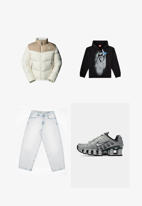 The North Face M SAIKURU JACKET - Winterjas - mushroom grey/white dun; Zwarte hoodie van katoen. Voorzien van een voorzak, een capuchon met koord en een grijze spuitverfontwerp met een blauwe etiketaccent.; Lichtblauwe spijkerbroek met een losse, baggy pasvorm. Heeft vijf zakken, knoopsluiting en gestikte details. Verbleekt textuur en rechte pijpen.; Grijze en zwarte Nike hardloopschoen met zichtbare veerachtige demping onder de zool en een wit swoosh-logo aan de zijkant.