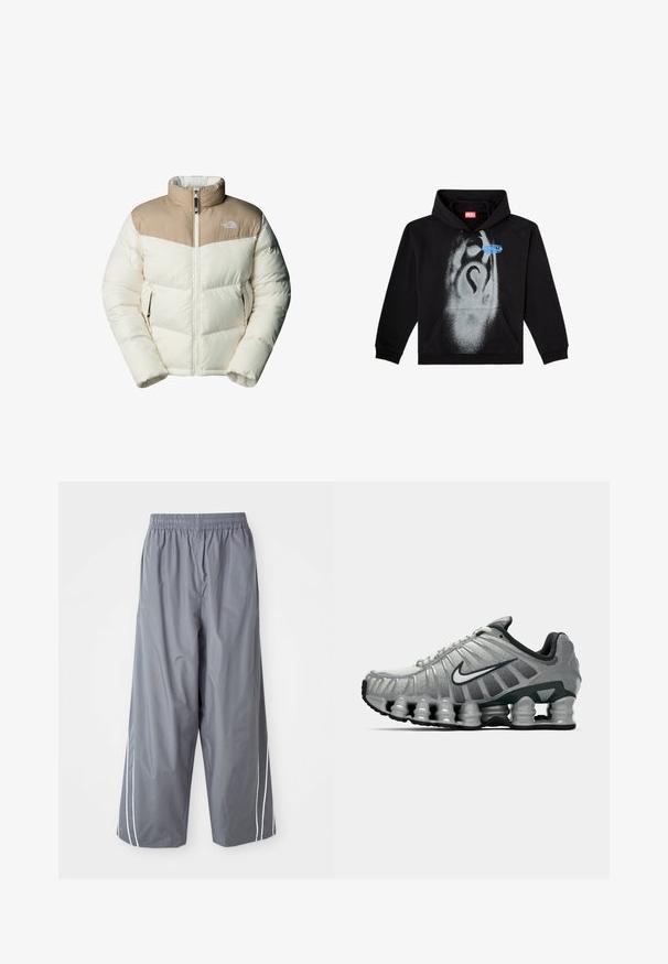 The North Face M SAIKURU JACKET - Vinterjakker - mushroom grey/white dun; Sort hættetrøje lavet af bomuld. Har en frontlomme, snorhuv og et gråt spraymalet design med en blå etikette accent.; Grå, letvægts, syntetiske bukser med vide ben, elastisk talje og hvide sidelister. Glat tekstur med et afslappet design.; Grå og sort Nike løbesko med synlig fjederlignende dæmpning under sålen og et hvidt swoosh-logo på siden.