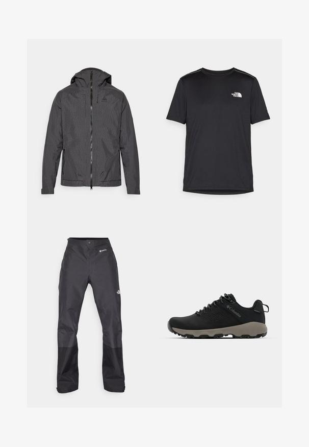 Kapuca jakna v črni barvi z vzorcem mreže, zadrgo na sprednji strani in stranskimi žepi z zadrgo; teksturirano blago in nastavljivi manšeti za boljše prileganje.; Črna kratkosleevena majica iz lahkotnega materiala. Ima majhen bel logo na levem prsnem delu in diskretne poudarke na ramenskem predelu.; Črne vodoodporne hlače z gladko teksturo, z logotipom GORE-TEX spredaj in okrepjenimi spodnjimi nogami za povečano vzdržljivost.; Črne pohodniške čevlje z gladkim zgornjim delom, perforiranim dizajnom, sivo podplatom in ojačanim petnim delom. Imajo vezalke in zanko za enostavno obuvanje.
