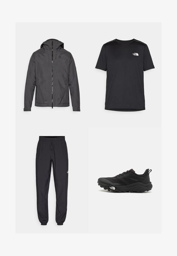 Giacca con cappuccio nera con motivo a scacchi, chiusura a zip e tasche laterali con zip; tessuto testurizzato e polsini regolabili per una vestibilità migliore.; T-shirt nero a maniche corte realizzata in tessuto leggero. Presenta un piccolo logo bianco sul lato sinistro del petto e delicati dettagli sulle spalle.; Pantaloni sportivi neri realizzati in tessuto leggero, con vita regolabile con cordino, tasche laterali e orli affusolati alle caviglie.; Scarpa da trail running nera con tomaia texture, suola in gomma e punta rinforzata. Presenta un collare imbottito e un tassello per un indossamento facile.