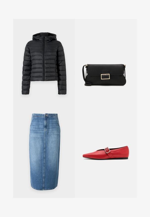 Crna jakna od puf materijala s kapuljačom, sa jastučićima, prednjim zatvaračem i dugim rukavima. Materijal izgleda glatko i sjajno.; JDY JDYDINEA REVERSIBLE - Vesta - fern; Denim suknja olovka u svijetloplavoj boji s ravnim krojem, prednjim kopčanjem na gumbe i suptilnim izblijedjenjem. Dno suknje je malo iznad koljena.; Crvene kožne ravne cipele sa špicastim vrhom, koje imaju bočnu traku s metalnom kopčom i nizak crni potplat. Glatka tekstura kroz cijelu cipelu.; Crna kožna clutch torbica s preklopom i zlatnim metalnim detaljem kopče. Uključuje crnu trakicu i elegantan, minimalistički dizajn.