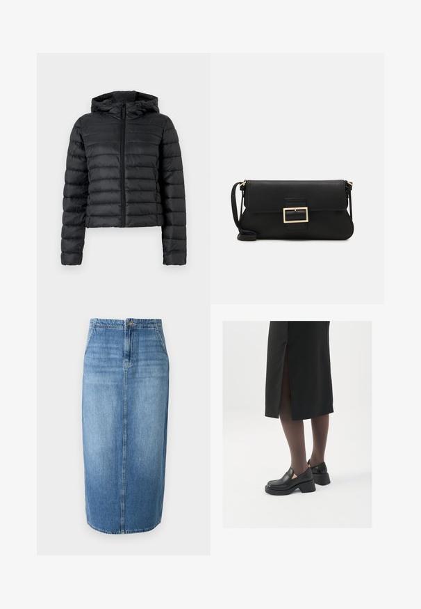 Czarna kurtka puchowa z kapturem, z pikowanym wzorem, zamkiem z przodu i długimi rękawami. Materiał wydaje się gładki i błyszczący.; JDY JDYDINEA zielony; Jasnoniebieska dżinsowa spódnica o kroju ołówkowym, z prostą linią, przednim zapięciem na guziki i delikatnym wyblaknięciem. Długość do linii kolan.; Czarne skórzane buty z okrągłym noskiem, grubym blokowym obcasem i elastycznymi akcentami po bokach, zestawione z ciemnymi rajstopami i czarną spódnicą z rozcięciem.; Czarna skórzana torebka kopertowa z klapką i detalem w postaci złotej metalowej klamry. Zawiera czarny pasek oraz elegancki, minimalistyczny design.