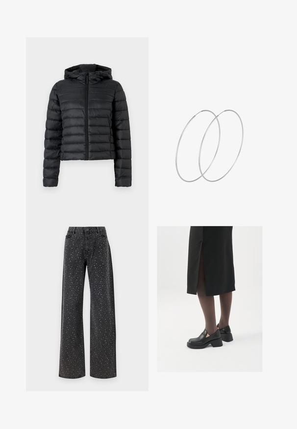 Chaqueta de plumas negra con capucha, con diseño acolchado, cremallera frontal y mangas largas. El material parece suave y brillante.; Camisa de botones con lentejuelas en crema claro. Presenta un cuello clásico, mangas largas y un detallado brillante de lentejuelas en toda su superficie para un aspecto texturizado.; Noisy May NMJANNEL LOOSE - Vaqueros boyfriend - black denim; Zapatos de piel negra con punta redondeada, tacón grueso y bloque, y acentos elásticos en los laterales, combinados con unos pantys oscuros y una falda negra con una abertura.; Pendientes de aro plateados con un diseño minimalista. Forma circular, textura suave y perfil delgado. Livianos con un acabado pulido.