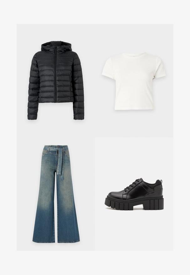 Chaqueta de plumas negra con capucha, con diseño acolchado, cremallera frontal y mangas largas. El material parece suave y brillante.; Camiseta corta blanca de algodón con mangas cortas, cuello redondo y dobladillo recto, con una textura suave y un diseño minimalista.; Pantalones de mezclilla de pierna ancha con un degradado de azul claro a oscuro, cintura alta, trabillas para cinturón y un cinturón de tela a juego. Acabado de mezclilla texturizada.; Zapatos de plataforma de cuero negro con un tacón cuadrado grueso, punta redonda y diseño tradicional de cordones. Presenta una textura suave y un detalle minimalista.