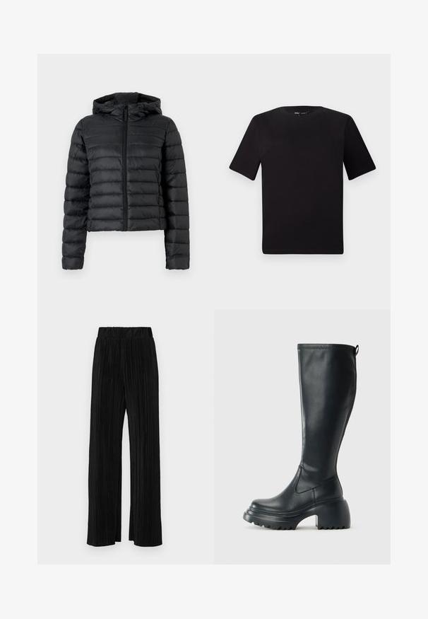 Chaqueta de plumas negra con capucha, con diseño acolchado, cremallera frontal y mangas largas. El material parece suave y brillante.; Camiseta negra de manga corta con cuello redondo, fabricada en suave algodón. Diseño simple, sin logos ni patrones visibles.; Pantalones negros de pliegues con una cintura elástica. Presentan piernas anchas y una tela suave y texturada con rayas verticales.; Bota alta de cuero negro con suela de plataforma gruesa y tacón cuadrado, que cuenta con una lengüeta y un relieve texturizado en la suela exterior.
