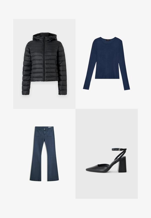 Čierna páperová bunda s kapucňou, ktorá má prešívaný dizajn, predný zips a dlhé rukávy. Materiál vyzerá hladko a lesklo.; Námornícky modrá tielko s dlhým rukávom z jemného materiálu, s okrúhlym výstrihom a plochými švami na rukávoch, s voľným strihom.; Tmavomodré zvonové džínsy s prešitými vreckami, zapínaním na gombík a hladkou textúrou. Obsahujú klasický dizajn s piatimi vreckami.; Čierne kožené lodičky s špicatou špičkou a členkovým remienkom, s masívnym podpätkom. Hladký povrch, elegantný dizajn a minimalistická estetika.