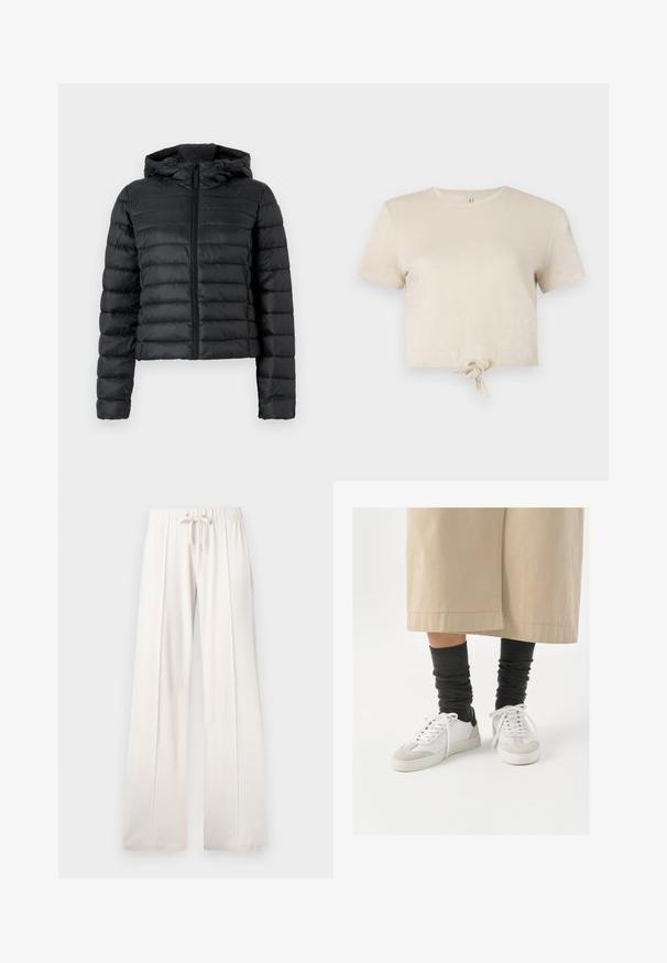 Chaqueta de plumas negra con capucha, con diseño acolchado, cremallera frontal y mangas largas. El material parece suave y brillante.; Camiseta corta beige hecha de un tejido brillante, con mangas cortas y un detalle anudado en el dobladillo. Textura suave y escote redondo.; Pantalones de chándal de color beige claro, confeccionados en tejido suave, que cuentan con una cintura con cordón, piernas anchas y costuras verticales, con una textura lisa.; Zapatillas blancas y grises con un acento negro en el talón, con una parte superior de cuero suave y una punta de ante texturizado. Llevadas con calcetas oscuras y holgadas.