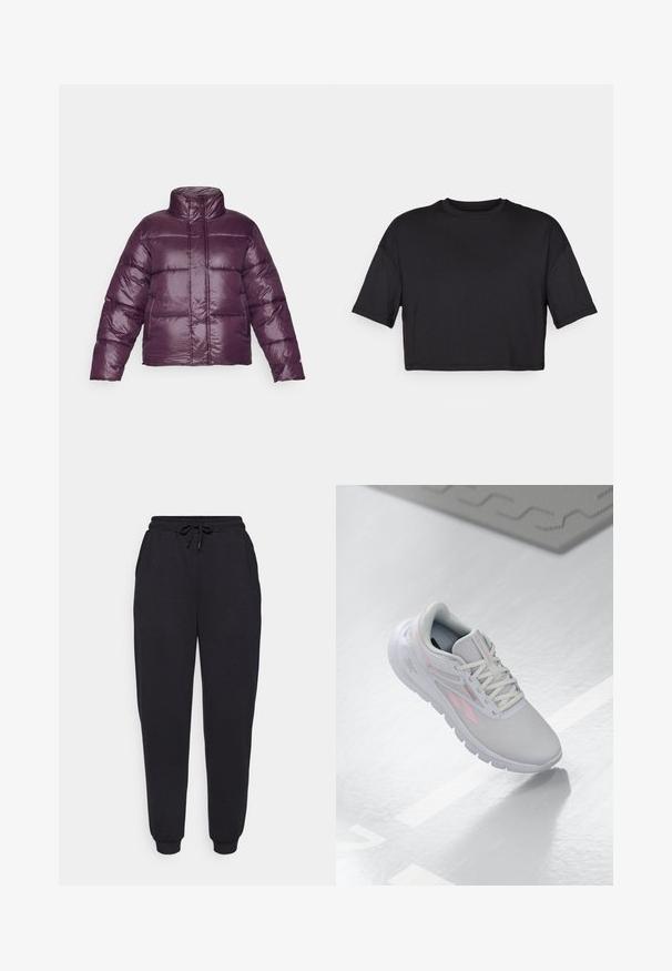 Doudoune violette avec un col haut, un design matelassé et une finition brillante. Elle a des manches longues et une silhouette courte.; T-shirt noir court en tissu doux, avec un col rond et des manches courtes et larges, affichant un design simple et sans couture.; Pantalons de jogging en coton noir avec une ceinture élastique, un cordon de serrage ajustable, des poches latérales et des poignets côtelés. Texture lisse, design décontracté.; Baskets de sport gris clair avec des accents roses, tige en mesh, bout arrondi, semelle rembourrée et fermeture à lacets. La surface est lisse et réfléchissante.